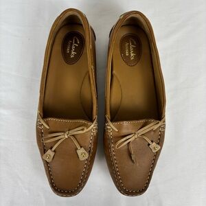 Clarks Leather Loafers Driving Moccasins Casual Slip-On Flat Shoes Brown Sz 9.5